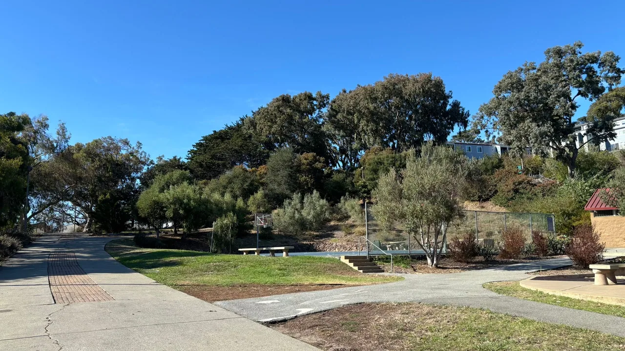 Paved paths branching beside a small basketball court surrounded by trees
