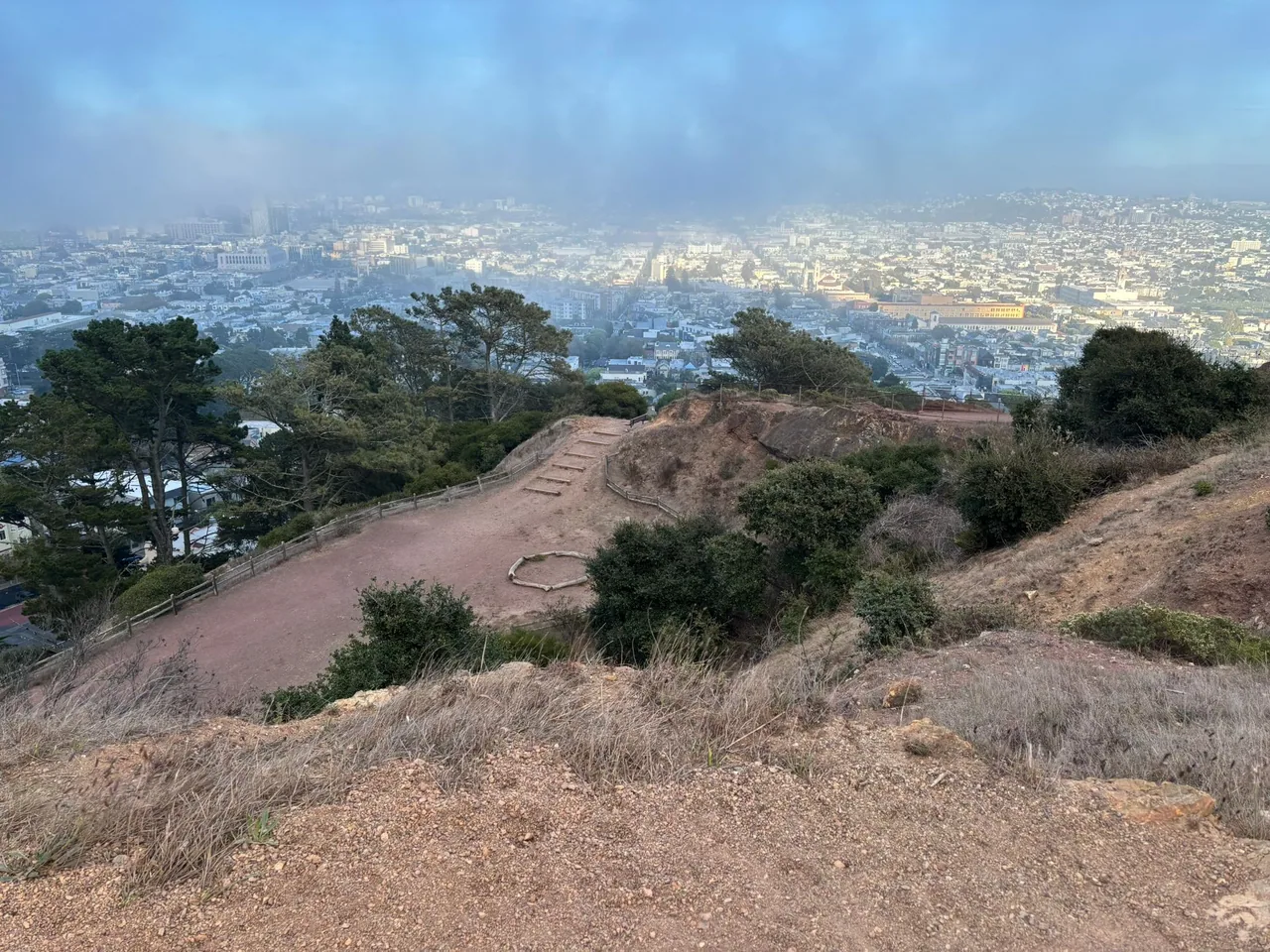 A view down the hill of brown park grounds and trees, with the sun-dappled city extending toward the horizon. Fog obscures a blue sky above the city.