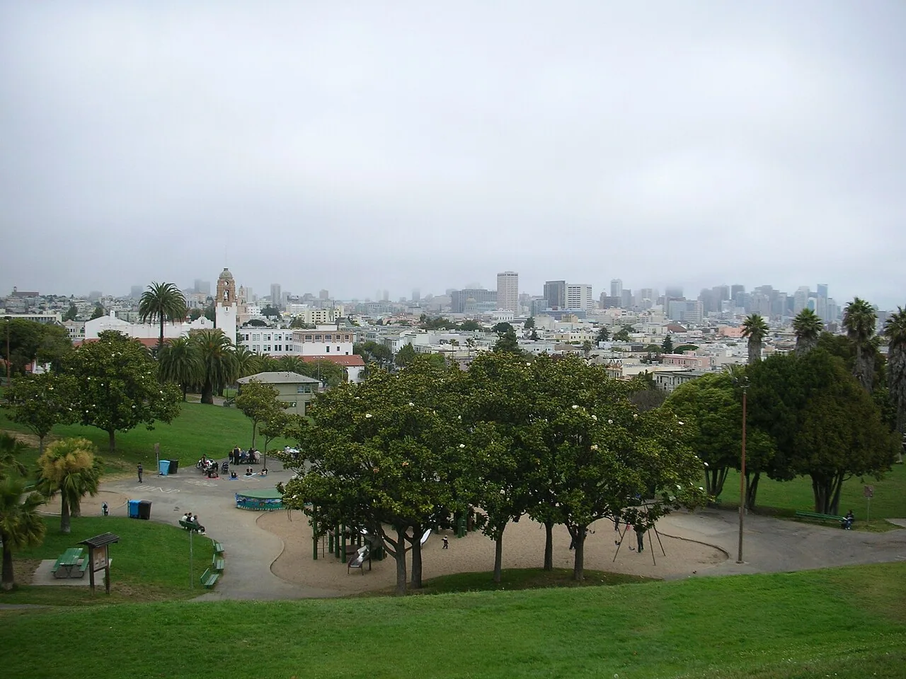 View across Mission Dolores Park lawns and trees toward the Mission District and downtown skyline beneath a cloudy sky.
