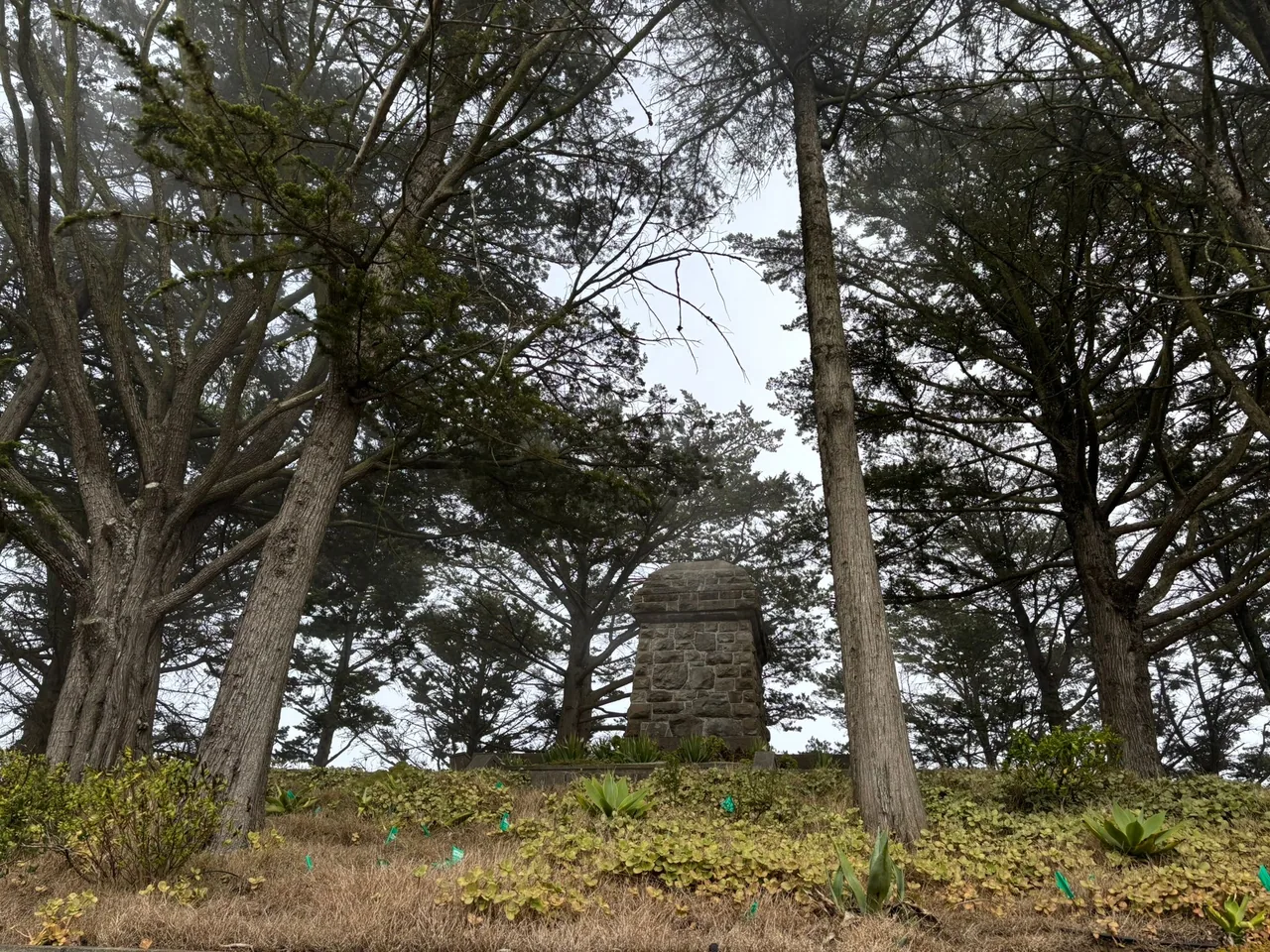 A brick pedestal sits at the top of a hill surrounded by large trees.