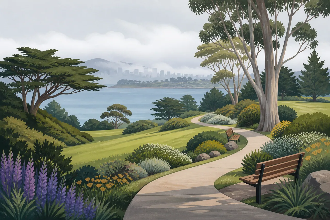 Illustration of a landscaped hillside park with a curving path, trees, benches, and bay water under coastal fog.