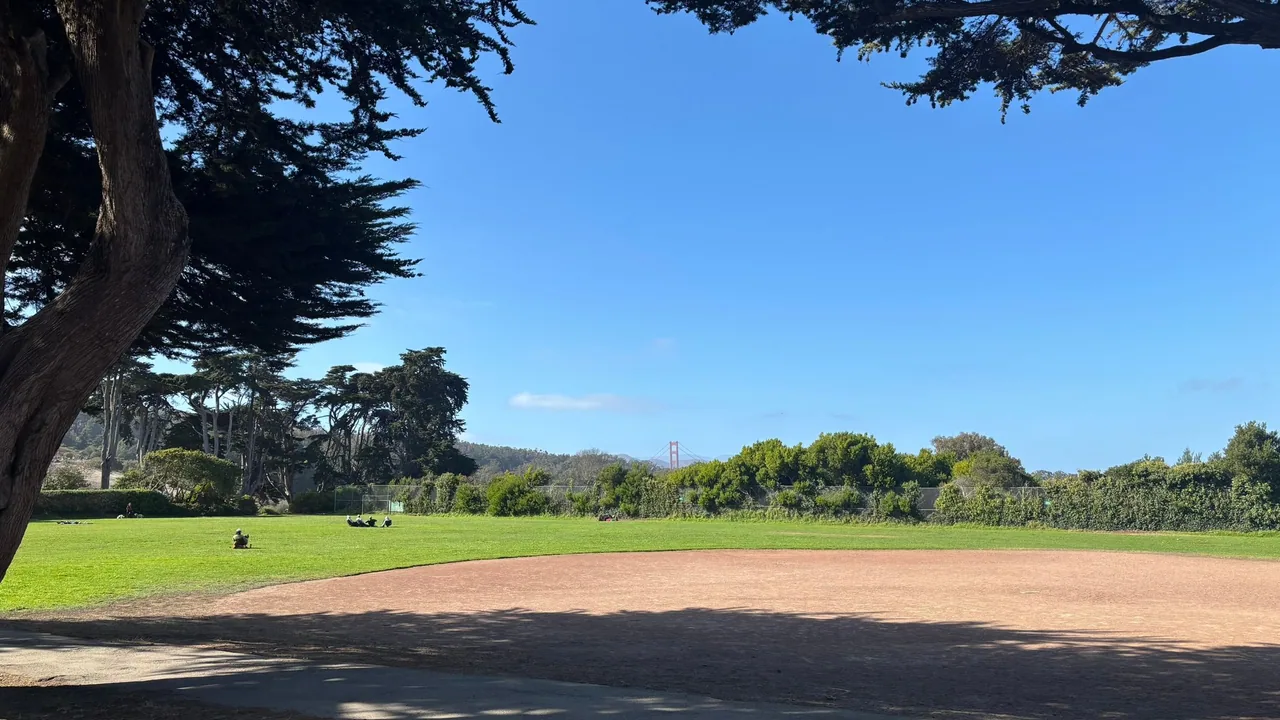 Baseball diamond and grassy field framed by trees, with the Golden Gate Bridge in the distance