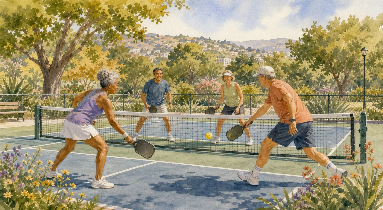 Watercolor illustration of four mature adults enjoying a doubles pickleball game on a public park court.