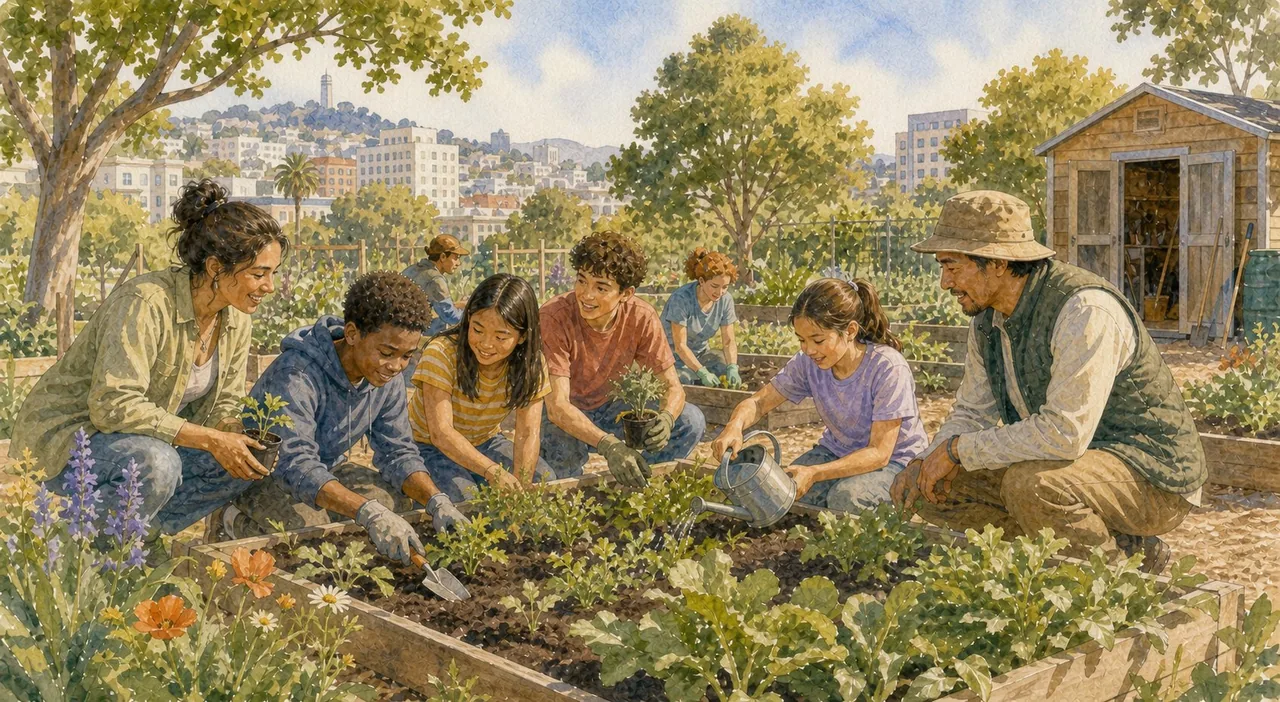 Watercolor illustration of city youths learning to plant and water a public community garden with two adult program instructors.