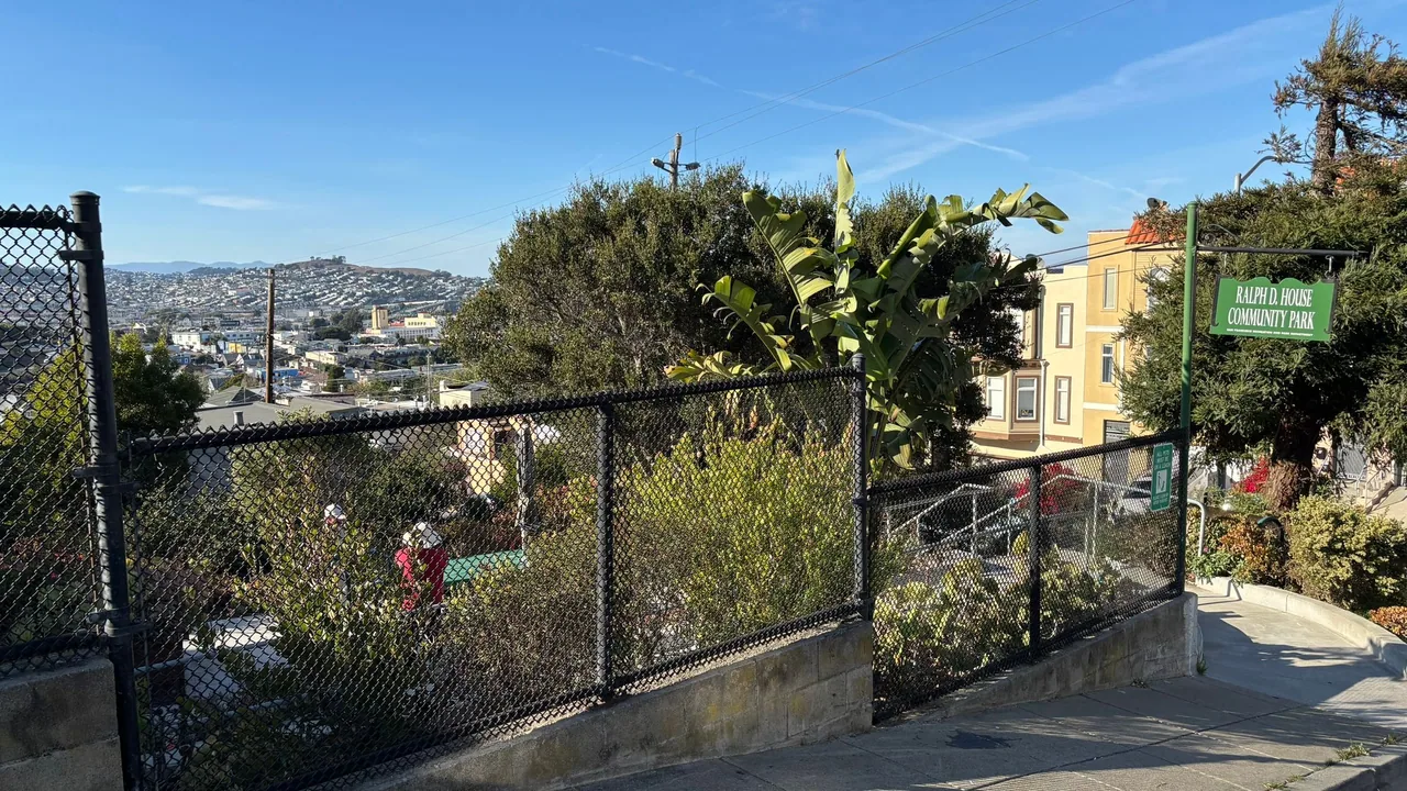 Fenced hillside garden with city homes and Twin Peaks visible beyond