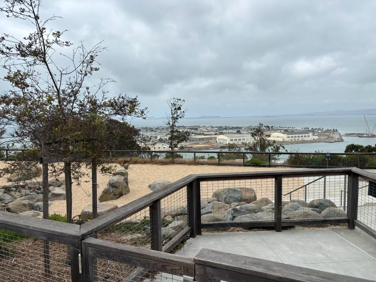 A fenced overlook with boulders and young trees looks toward Treasure Island's waterfront buildings.